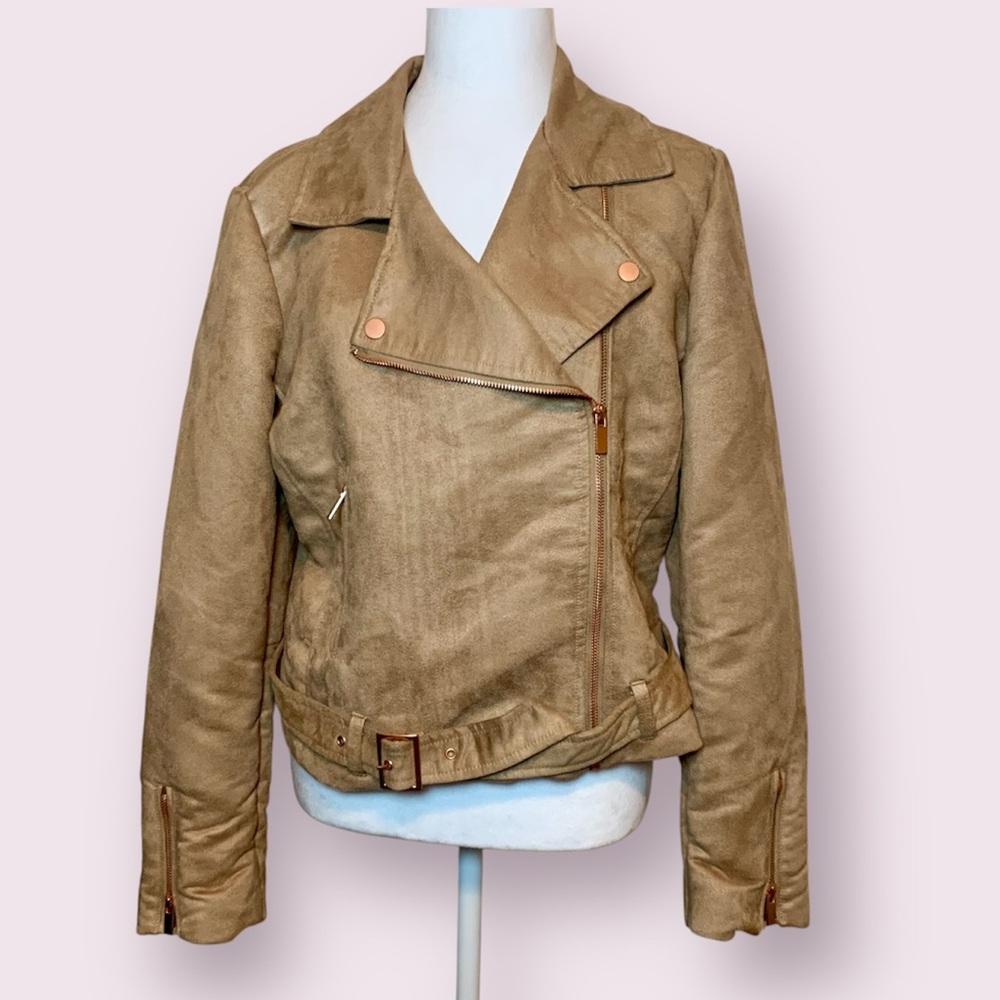 Lauren Conrad Runway Faux Suede Moto Jacket Tan Size 14